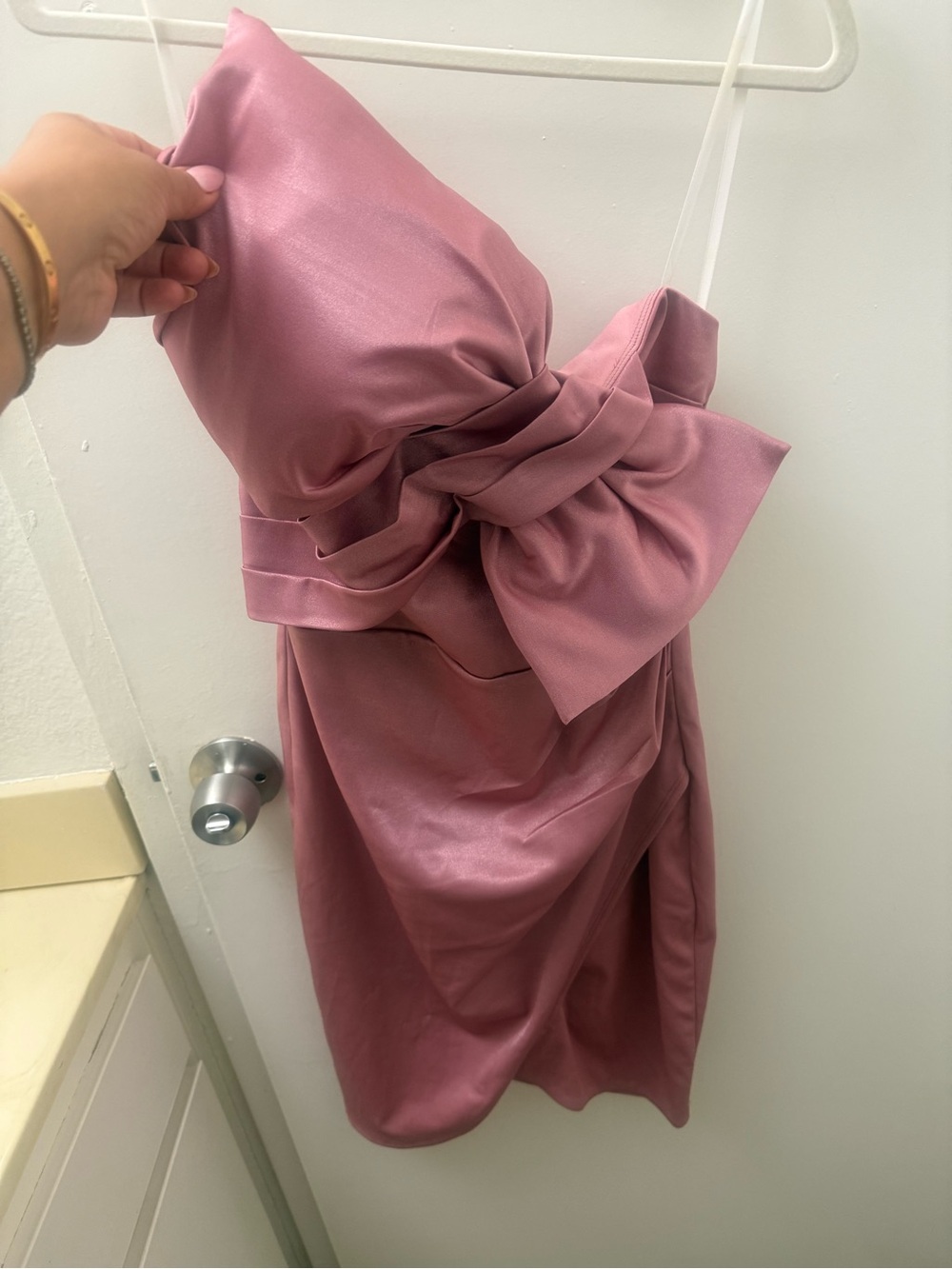 Fashion Nova Dusty Rose Strapless Satin Bow Dress